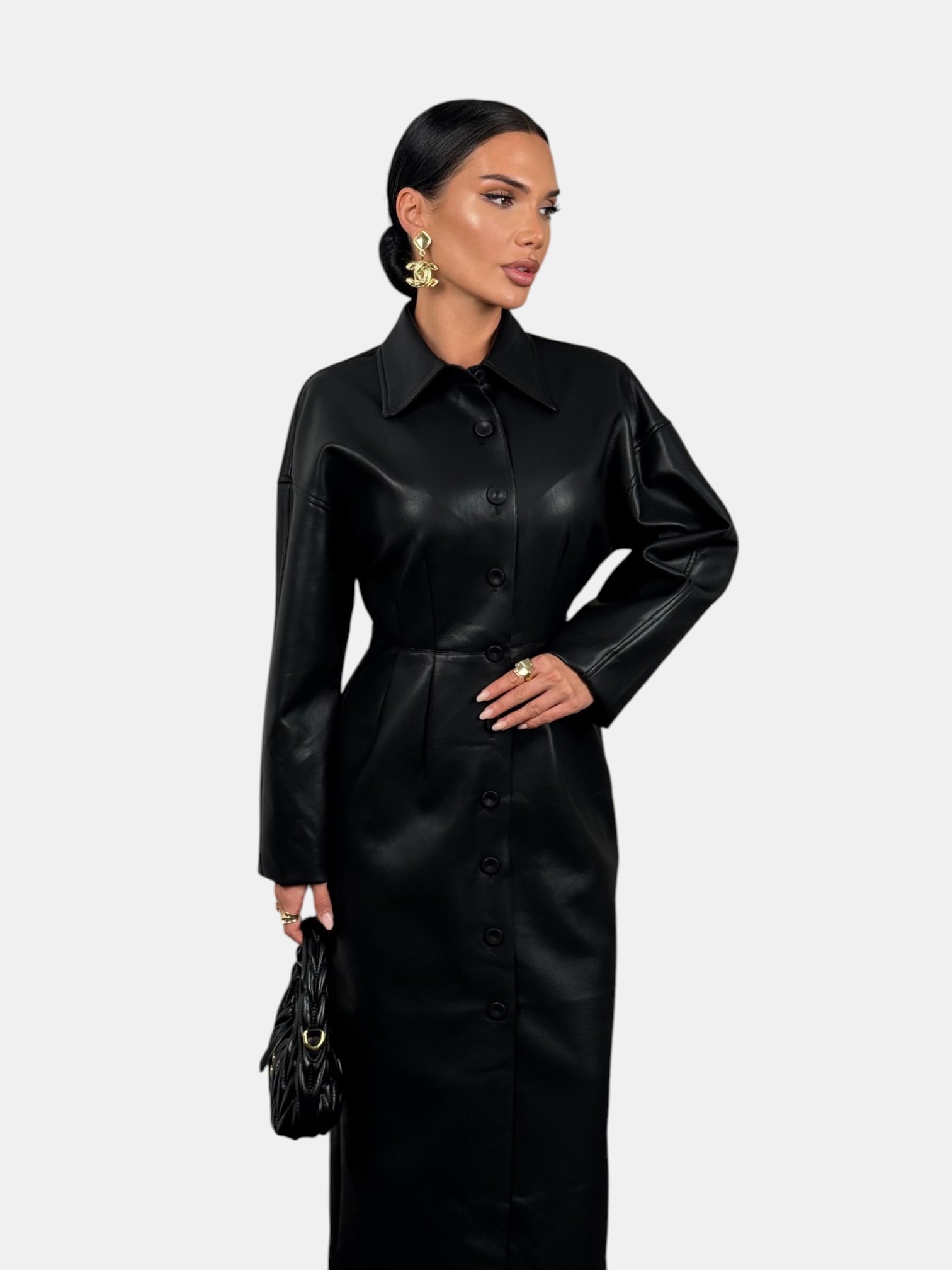 Кожаный плащ черный 3224