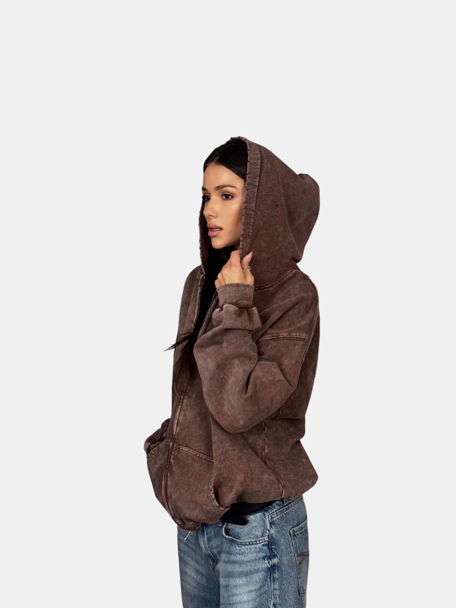 Толстовка с зипкой оверсайз коричневая-3181 Толстовка с зипкой оверсайз коричневая-3181