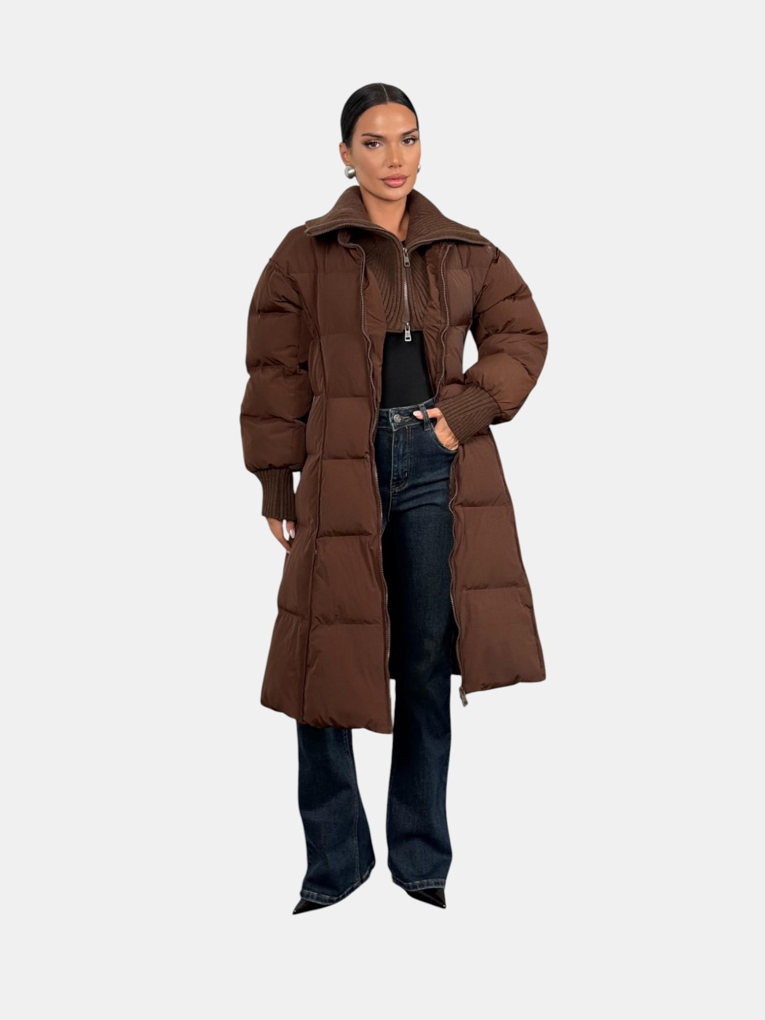 Длинный пуховик MONCLER коричневый 3212