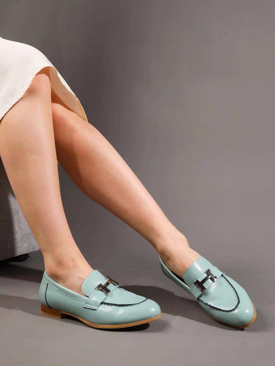 Лоферы женские брендовые натуральная кожа бирюзовые 3648