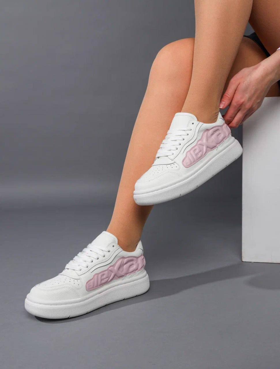 Кроссовки женские брендовые натуральная кожа белые с розовым 3606