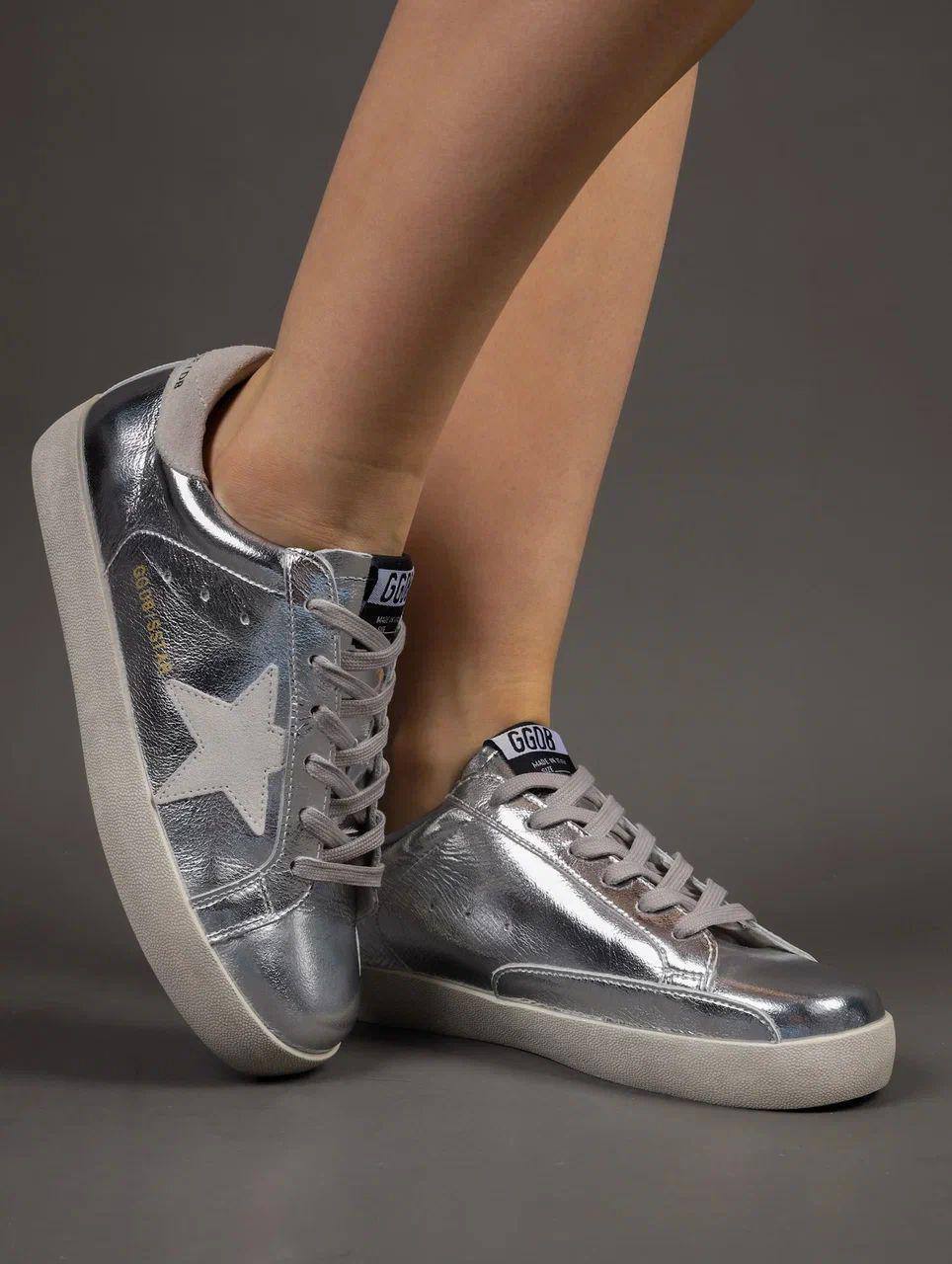 Кеды женские брендовые натуральная кожа серебристые 3745