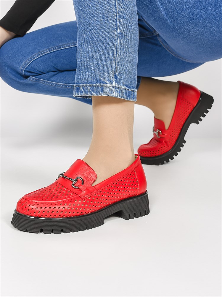 Лоферы женские летние натуральная кожа красные 630-10 RED Лоферы женские летние натуральная кожа красные 630-10 RED