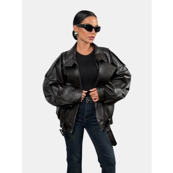 Косуха куртка кожаная в стиле оверсайз черная 3208 Косуха куртка кожаная в стиле оверсайз черная 3208