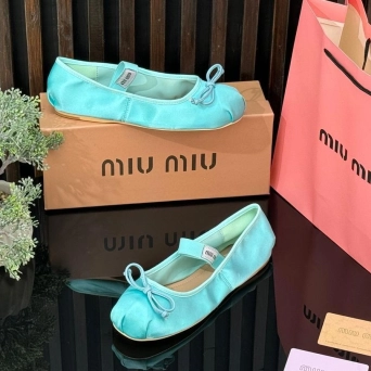 Балетки женские MIU MIU на лето атлас бирюзовые BU2945